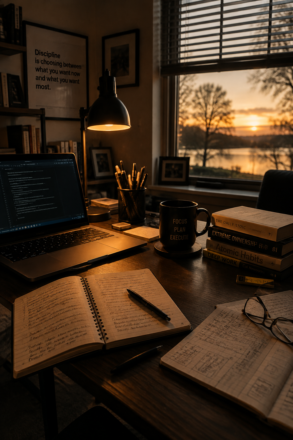 Writing desk with laptop, notebooks, and warm window light